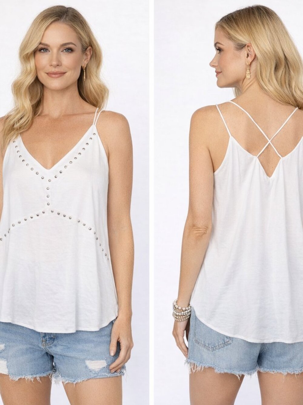 POL White V-Neck Camisole Medium | Silver Studded Front Dressy Tank NWOT